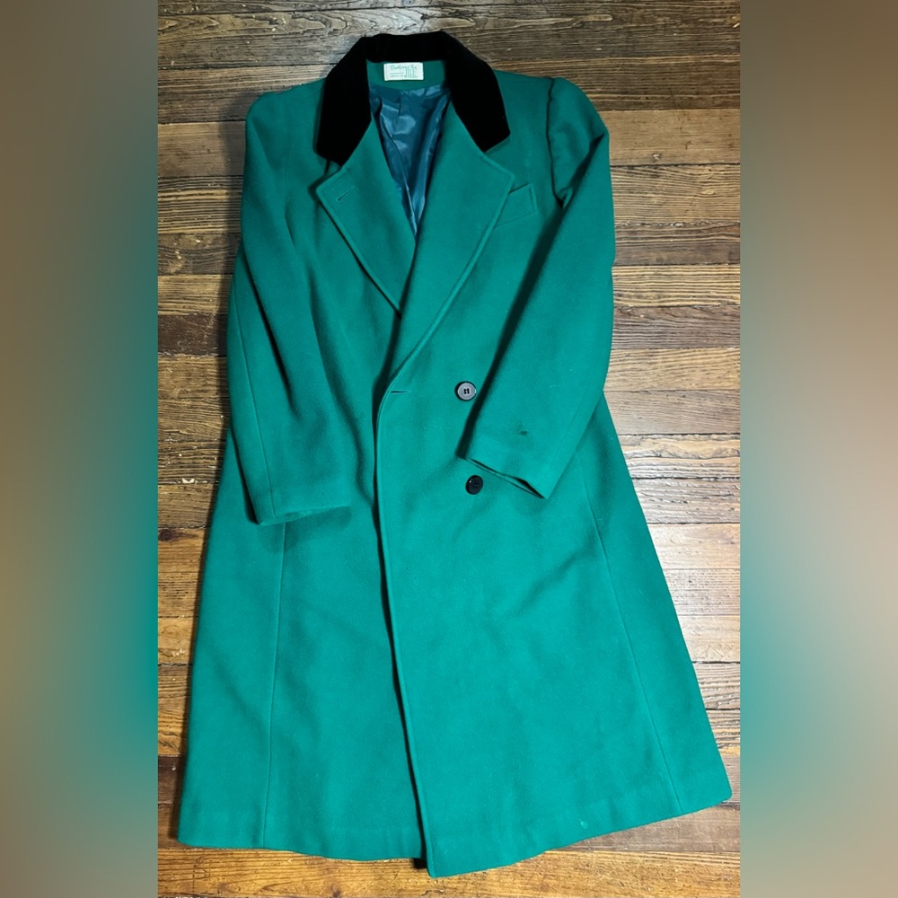 Vintage Fashion By Jill Wool Long Coat Green Double-Breasted Union Made USA
